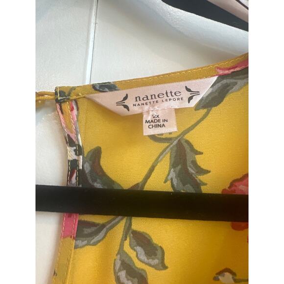 Nanette Yellow with Pink and Green Floral Pattern, Dramatic Bell Sleeve Blouse - Picture 3 of 6